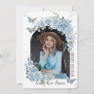 Sweet 16 Birthday Blue Floral Butterflies Foto Einladung