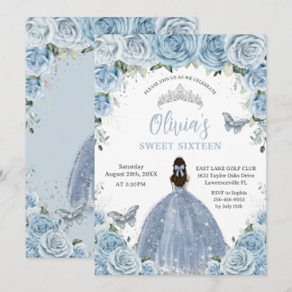 Sweet 16 Birthday Blue Floral Silver Butterfly Einladung