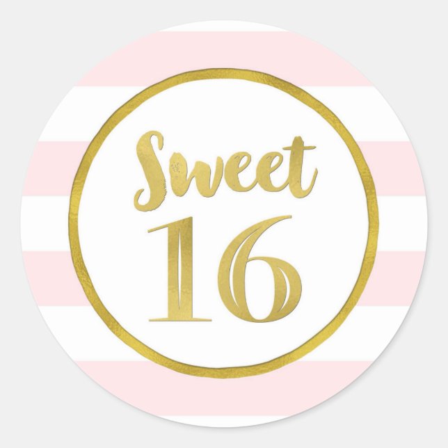 Sweet 16 Birthday Blush Pink Streifen Gold Runder Aufkleber (Vorderseite)