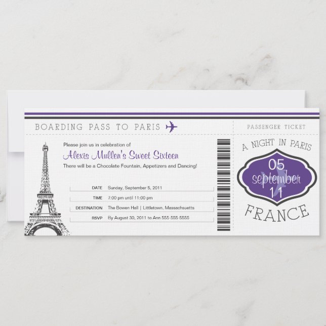 Sweet 16 Birthday Boarding Pass - Paris Einladung (Vorderseite)