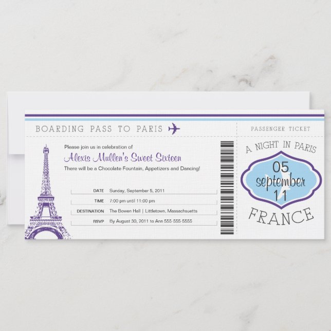Sweet 16 Birthday Boarding Pass - Paris Einladung (Vorderseite)