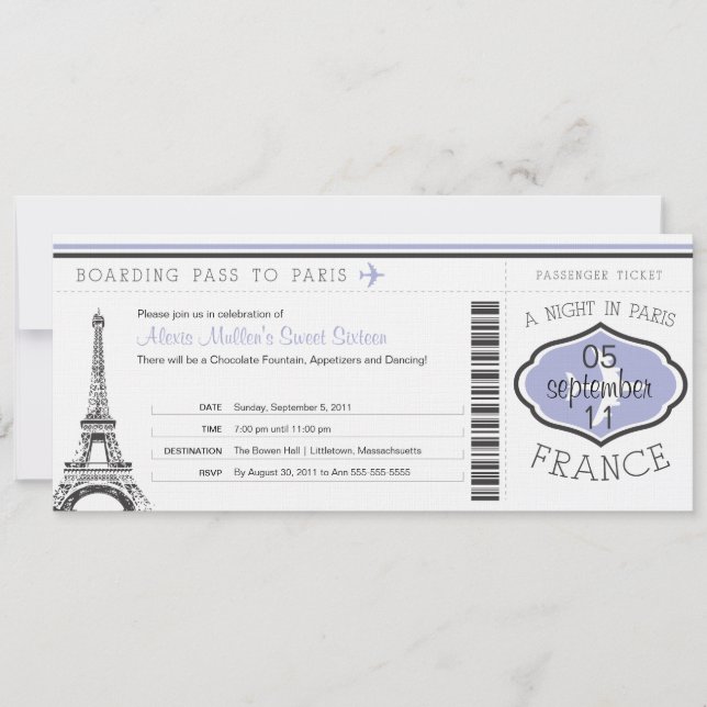 Sweet 16 Birthday Boarding Pass - Paris Einladung (Vorderseite)
