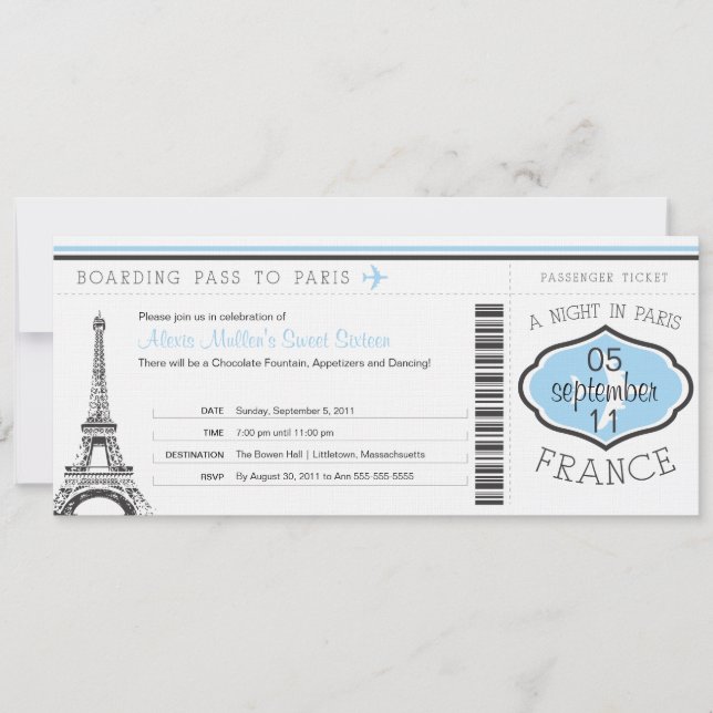 Sweet 16 Birthday Boarding Pass - Paris Einladung (Vorderseite)