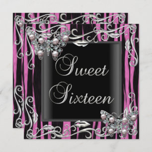 Sweet 16 Birthday Butterfly Zebra Black Pink Einladung