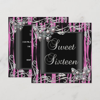 Sweet 16 Birthday Butterfly Zebra Black Pink Einladung