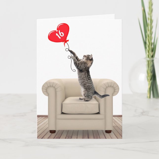 Sweet 16 Birthday Cat with Heart Balloon Card Karte (Vorderseite)