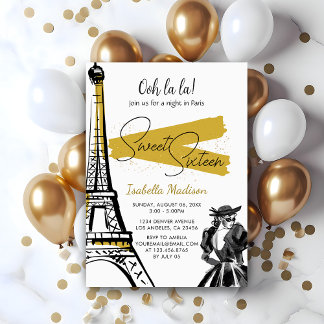Sweet 16 Birthday Eiffel Tower Night in Paris Gold Einladung
