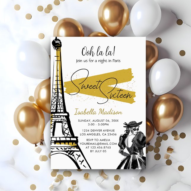 Sweet 16 Birthday Eiffel Tower Night in Paris Gold Einladung (Sweet 16 Birthday Eiffel Tower Night in Paris Gold Invitation
)