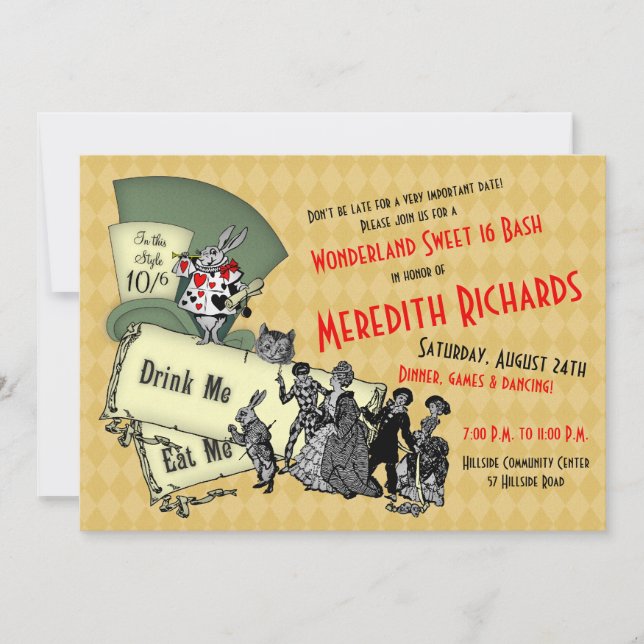 Sweet 16 Birthday Einladung Mad Hatter Wonderland (Vorderseite)
