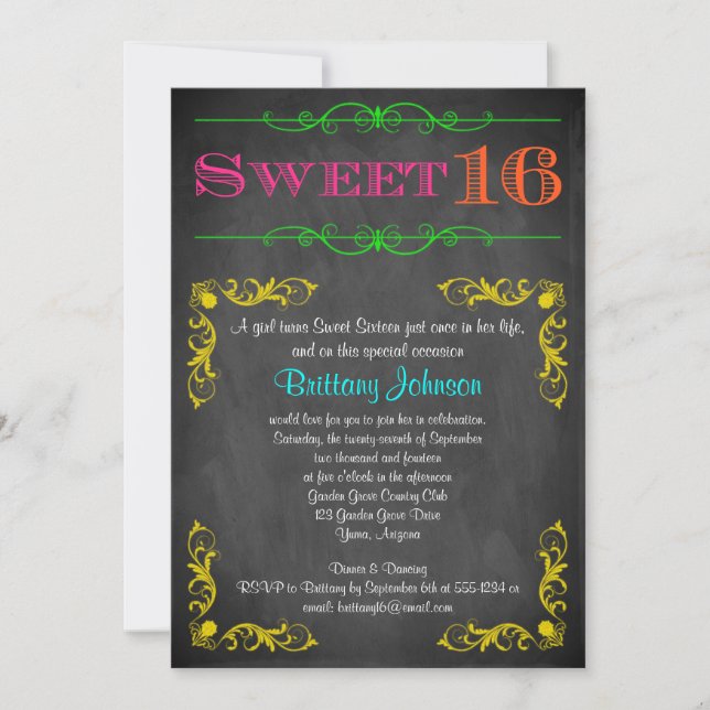 Sweet 16 Birthday Einladung | Neon Chalkboard (Vorderseite)