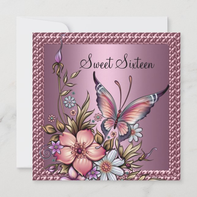 Sweet 16 Birthday Elegant Floral Butterfly Rosa Einladung (Vorderseite)