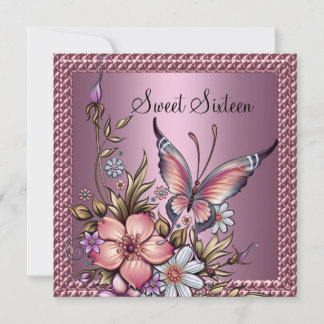 Sweet 16 Birthday Elegant Floral Butterfly Rosa Einladung