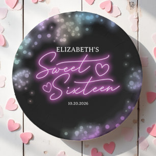 Sweet 16 Birthday Farbenfrohe Neon Glow Dunkles Pa Pappteller