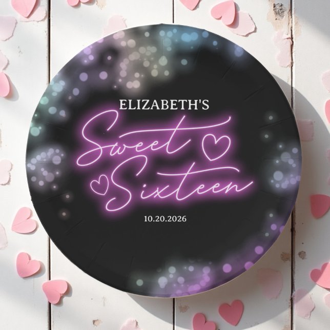 Sweet 16 Birthday Farbenfrohe Neon Glow Dunkles Pa Pappteller (Von Creator hochgeladen)