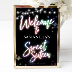 Sweet 16 Birthday farbenfrohe Neon Glow Willkommen Poster