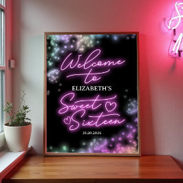 Sweet 16 Birthday farbenfrohe Neon Glow Willkommen Poster
