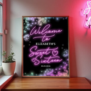 Sweet 16 Birthday farbenfrohe Neon Glow Willkommen Poster