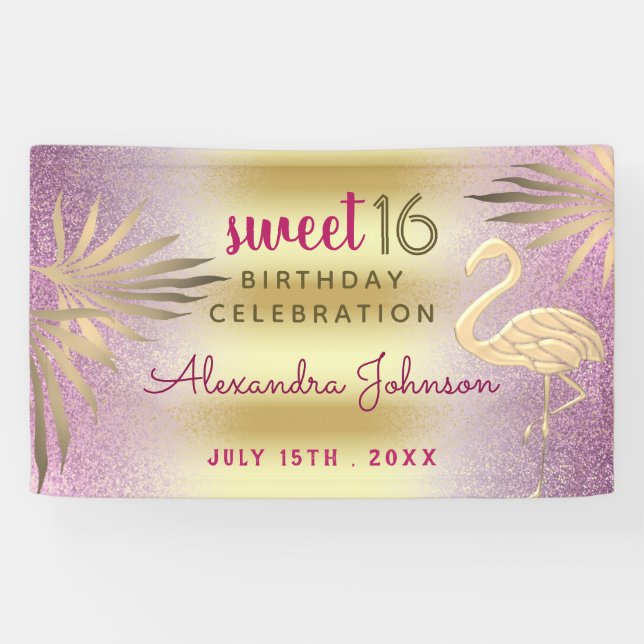 Sweet 16 Birthday Flamingo Pink und Gold Banner (Horizontal)
