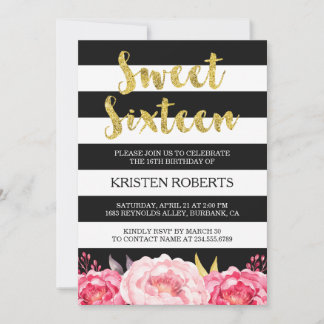 Sweet 16 Birthday Floral Gold Schwarz-weiße Streif Einladung