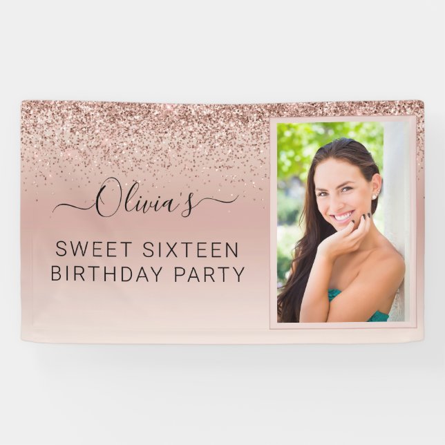 Sweet 16 Birthday Foto Blush Pink Glitzer Girly Banner (Horizontal)