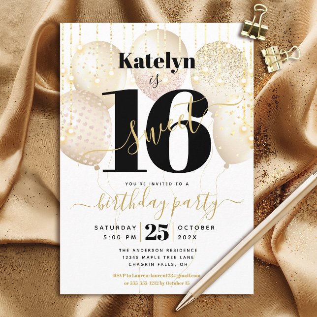 Sweet 16 Birthday Girly Glam Gold Balloons Script Einladung (Von Creator hochgeladen)