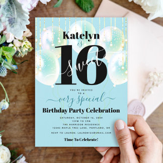 Sweet 16 Birthday Girly Glam Türkis Balloons Einladung