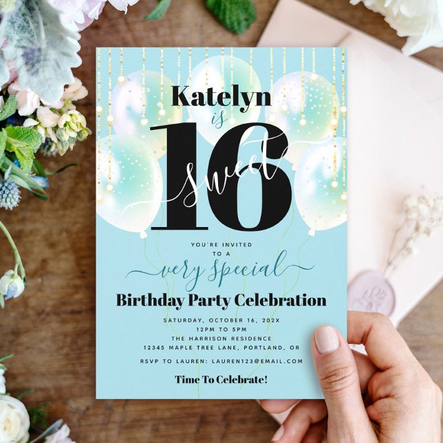 Sweet 16 Birthday Girly Glam Türkis Balloons Einladung (Von Creator hochgeladen)