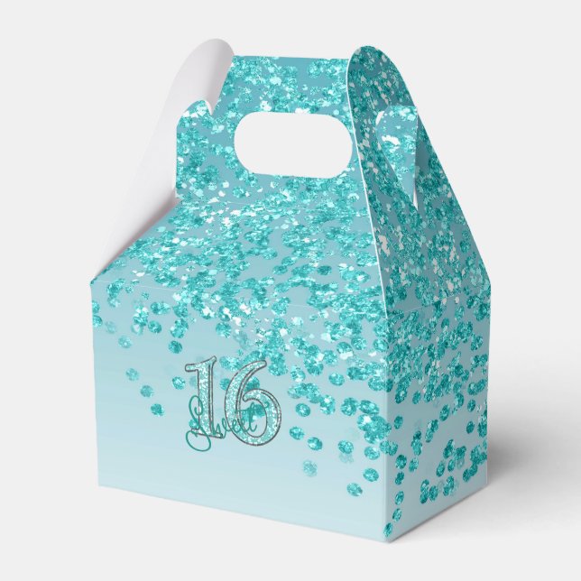 Sweet 16 Birthday Glam Aquamarin Blue Glitzer Geschenkschachtel (Vorderseite)