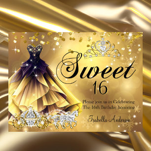 Sweet 16 Birthday Gold Dress Tiara Carriage Einladung