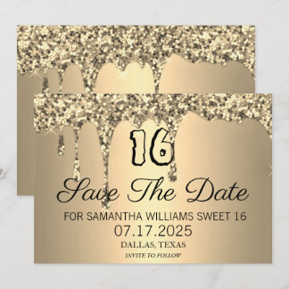 Sweet 16 Birthday Gold Sparkle Glitzer Tropfen Save The Date