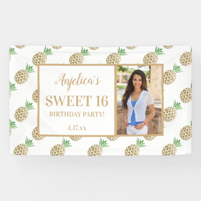 Sweet 16 Birthday Gold Weißes Ananas Foto Banner