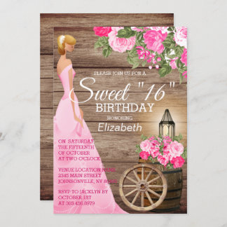 Sweet 16 Birthday - Holzbarrel & Rosa Blume Einladung