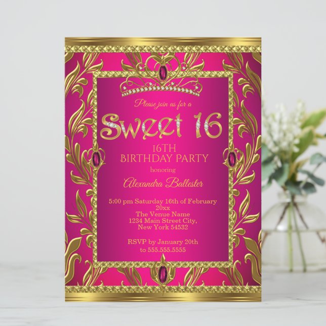 Sweet 16 Birthday Hot Pink Jewel Tiara Gold Einladung (Stehend Vorderseite)