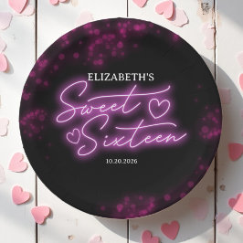 Sweet 16 Birthday Hot Pink Neon Dunkles Party Pappteller