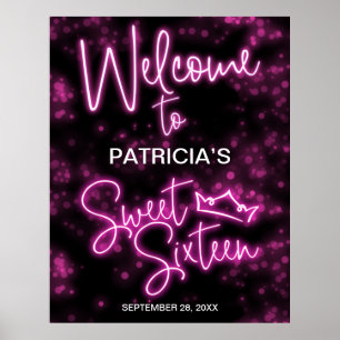 Sweet 16 Birthday Hot Pink Neon Glow Willkommensze Poster