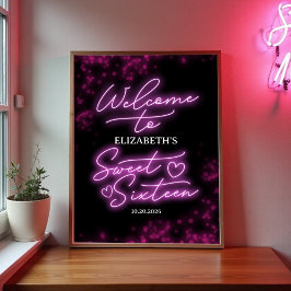 Sweet 16 Birthday Hot Pink Neon Glow Willkommensze Poster