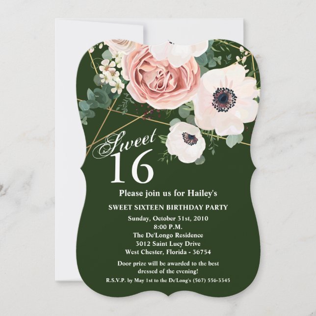 Sweet 16 Birthday Invite Geometric Garden Hunter Einladung (Vorderseite)