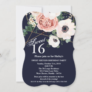 Sweet 16 Birthday Invite Geometric Garden Navy Blu Einladung