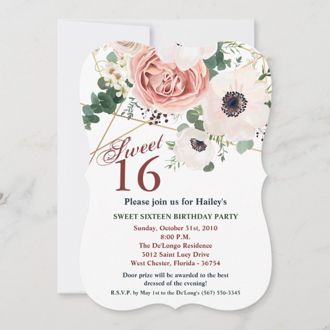 Sweet 16 Birthday Invite Geometric Garden Rose Ane Einladung (Vorderseite)