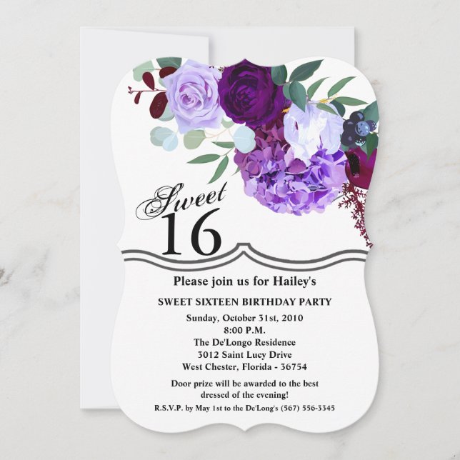 Sweet 16 Birthday Invite Lavender Hibiskus auf Wh Einladung (Vorderseite)