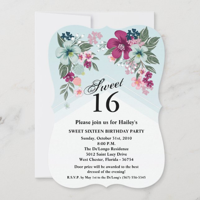 Sweet 16 Birthday Invite Tropical Blume on Blue O Einladung (Vorderseite)