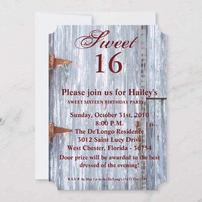 Sweet 16 Birthday Invite White Wash Holz Barn Door Einladung (Vorderseite)