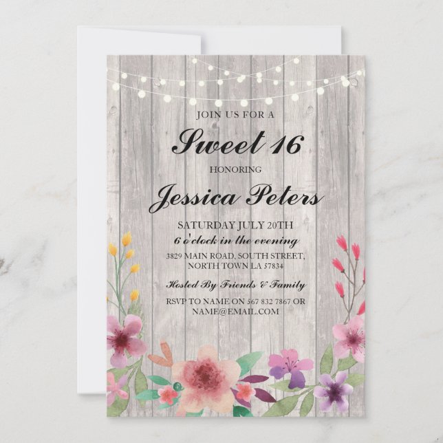 Sweet 16 Birthday Lights Rustic Wood Floral Einlad Einladung (Vorderseite)
