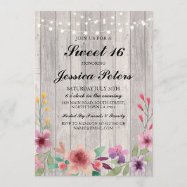 Sweet 16 Birthday Lights Rustic Wood Floral Einlad Einladung