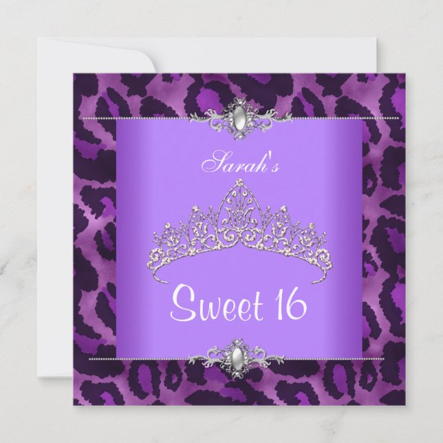 Sweet 16 Birthday Lila Leopard Silver Tiara 2 Einladung (Vorderseite)