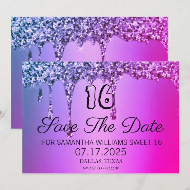 Sweet 16 Birthday Lila Sparkle Glitzer Tropfen Save The Date (Vorne/Hinten)