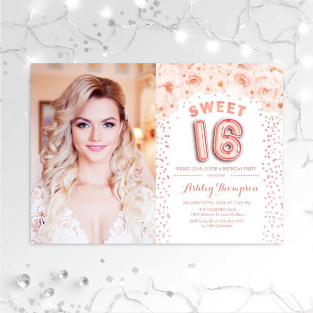 Sweet 16 Birthday mit Foto - Rose Gold Floral Einladung (Von Creator hochgeladen)