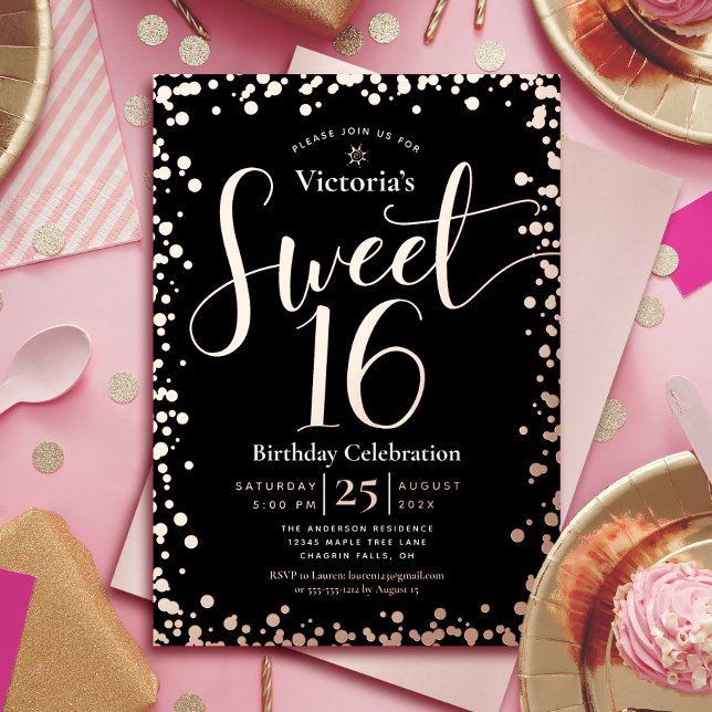 Sweet 16 Birthday Modern Glam Black Real Rose Gold Folieneinladung (Von Creator hochgeladen)