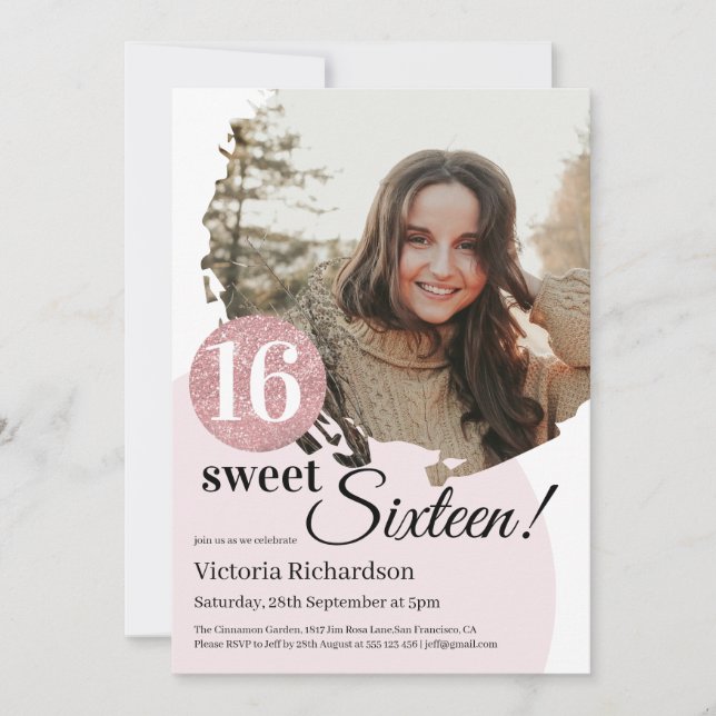 Sweet 16 Birthday Modern Pink Glitzer Custom Foto Einladung (Vorderseite)