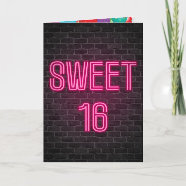 Sweet 16 Birthday Neon Sign auf Backstein Karte (Vorderseite)